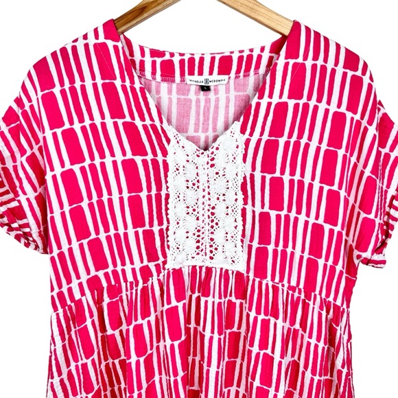 Michelle McDowell Gauze Babydoll Dress Pink White Geometric Print Crochet Lace - Picture 4 of 11